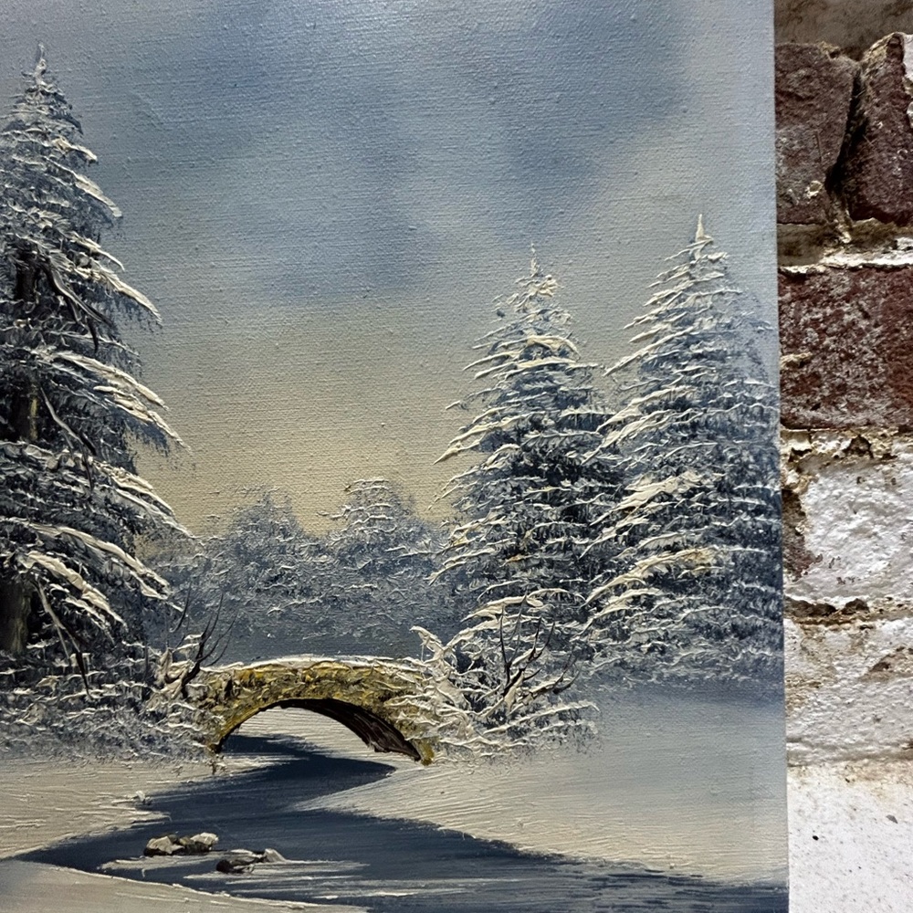 Winter Landscape Painting with Snowy Trees and Bridge - Picture 5 of 10